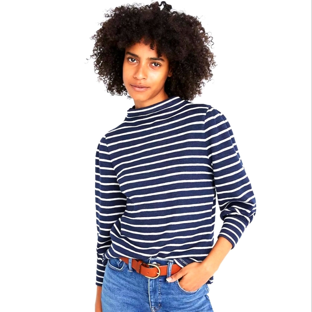 Madewell Striped Puff Sleeve Mock Neck Sweater, Size Small